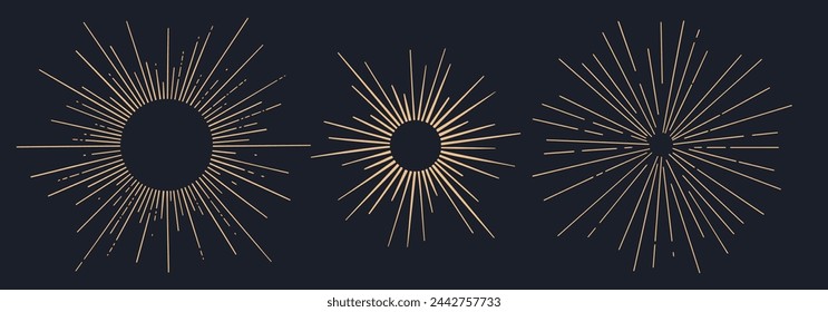 Sunburst, sun light ray. Vintage graphic set of light rays, sunburst and rays of sun. Hand drawn black design elements, linear drawing, vintage retro style on background. Vector Illustration