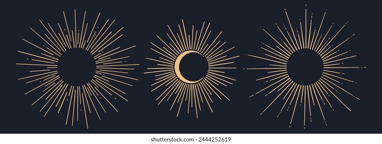 Rayo de sol, rayo de sol. Conjunto gráfico de Antiguas de rayos de luz, rayos de sol y rayos de sol. Elementos de diseño negros dibujados a mano, dibujo lineal, estilo retro vintage en el fondo. Ilustración vectorial