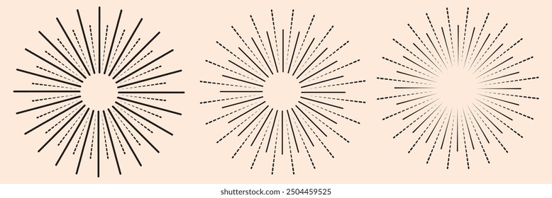 Sunburst, sun light ray. Vintage graphic set of light rays, sunburst and rays of sun. Hand drawn black design elements, linear drawing, vintage retro style on background. Vector Illustration