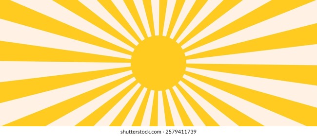 Sunburst, sun light rays pattern on yellow background. Abstract radial lines stripes retro wallpaper for poster, banner, advertising, comic book or circus ticket.