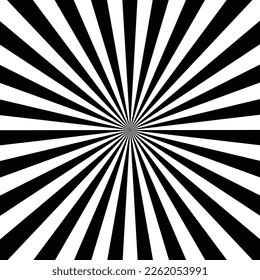 Sunburst, sunbeams, rays. Black and white psychedelic 1960s flat design. Use for posters, covers, brochures, branding, social media, etc.