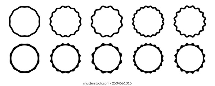 Sunburst, sunlight or sunshine icons. Round badges, stamps, labels or price tags with wavy edges. Collection of blank sale, veryfication, promotion or quality stickers isolated on white background.