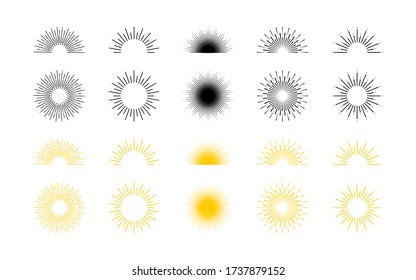 Sunburst and sunrise, line illustration. Sun rays collection. Sunburst. Sunrise. Sunburst or sunrise in flat design. Vector illustration