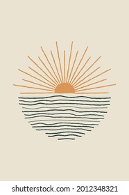 Sunburst, sunrise, sunset abstract minimal illustration. Boho home decor, mid-century wall poster