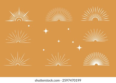 Sunburst, sunset or sunrise vintage set boho style. Modern minimalist bohemian design.half circle sunrise. Sun beam, sun rays linear  icon collection. Abstract boho sun set