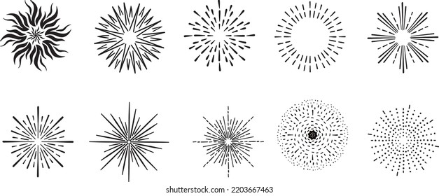 Sunburst symbol vector collection. Busting rays, fireworks, design elements. 