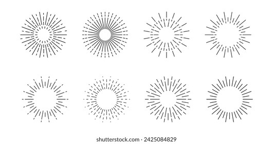 Sunburst template set. Bursting sun rays. Fireworks. Vintage design element. Radial sunset beams isolated