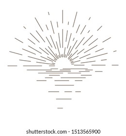 Sunburst thin line vector illustration. Sunbeams, rays burst. Monochrome explosion effect. Creative blast, sunshine isolated clipart on white background. Sun and sea on horizon design element