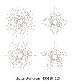 Sunburst thin line vector illustrations set. Different decorative sun rays burst pack. Monochrome fireworks, firecrackers explosion effect. Creative blast, sunshine isolated on white background