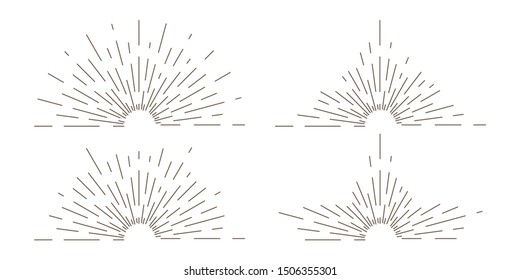 Sunburst thin line vector illustrations set. Different decorative sun rays burst pack. Monochrome fireworks firecracker explosion effect. Creative blast, sunshine isolated on white background