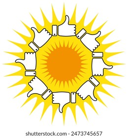 Sunburst with thumbs up and down. Yellow and orange sun rays. Positive and negative feedback icons. Vector illustration.