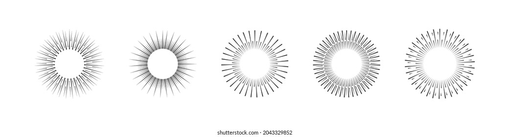 Sunburst-Vektorgrafik-Kollektion. Burstierende Sonnenstrahlen. Fireworks-Symbole gesetzt. Sketch-Stern platzte Linie. Kollektion von Vintage Sunburst. Sketch-Stern platzte Linie. Vektorgrafik. EPS10