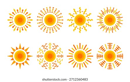 Colección de icono de Vector Sunburst. Símbolos solares modernos con rayos radiantes, patrones geométricos y Diseños de línea Abstractas