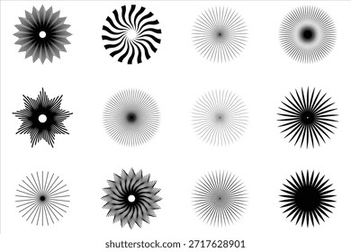 Coleção de ícones de vetor de explosão solar. Conjunto de ícones Retro Sunburst, coleção Starburst. Ícone de linha de brilho e explosão solar. ilustração vitoriosa.