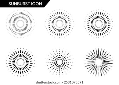 Sunburst vector, Sunburst icon set collection, symbol, element. Sunbeam, sunrise icon. Retro sunburst design. Radial sunburst vector, fireworks icon. Vector illustration.