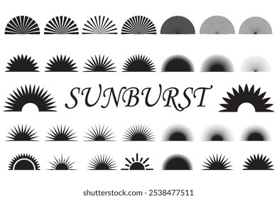 Ícones de vetor de explosão de sol definidos em plano de fundo branco. Conjunto de vintage meio sunburst, coleção Sunrise em cor preta. Explosão, luz, raios de explosão, elementos de design de fogos de artifício do nascer do sol. Ilustração de vetor.