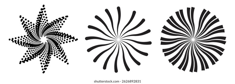 Sunburst-Vektorsymbole auf weißem Hintergrund. Set Sonnenaufgang, Sammlung in schwarzer Farbe. Bersten, Licht, Sternenstrahlen, Sonnenaufgang Feuerwerk Design-Elemente. Vektorgrafik.