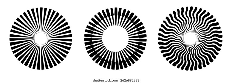 Ícones de vetor de explosão de sol definidos em plano de fundo branco. Conjunto de raios solares, coleção em preto. Explosão, luz, raios de explosão, elementos de design de fogos de artifício do nascer do sol. Ilustração de vetor.