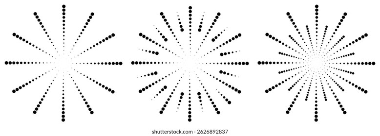 Sunburst vector icons set on white background. Set of sunburst,  collection in black color. Bursting, light, starburst rays, sunrise firework design elements. Vector Illustration.