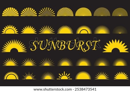 Sunburst vector icons set on dark background. Set of vintage half sunburst, Sunrise collection in gold color. Bursting, light, starburst rays, or sunrise firework design elements. Vector Illustration.