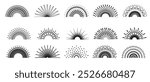 Sunburst vector icons set. Set of vintage half sunburst on white background. Sunrise collection in black color. Bursting, light, starburst rays, sunrise firework design elements. Vector Illustration.