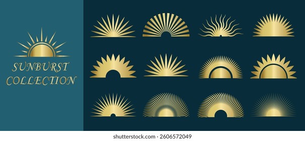 Sunburst vector icons set. Set of vintage half sunburst, Sunrise collection on blue background. Bursting, light, starburst rays, sunrise firework design elements. Vector Illustration.