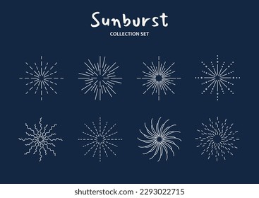 Conjunto de vector de explosión de sol. Colección de bengalas y chispas lineales blancas. Plantillas de efectos de animación. Auge y explosión, estallido. Ilustraciones del vector plano de dibujos animados aisladas en fondo azul