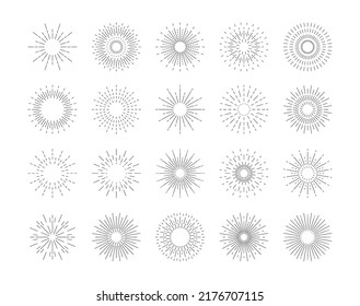 Sunburst. Vector set of light rays, linear drawing sunburst, rays of sun, firework explosion, stars. Vintage collection sunset beams for web design, logo, stamp, banner, emblem. Bursting rays sunrise