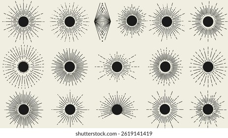 Sunburst vector set sun ray burst design element light rays collection vintage retro style graphic art design