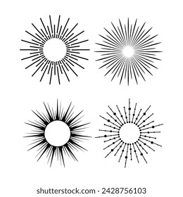 Sunburst vintage explosion. Hand drawn vector Design, magical Element. Fireworks collection. Bohemian sunrays linear icons and symbols for decoration