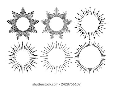 Sunburst vintage explosion. Hand drawn vector Design, magical Element. Fireworks collection. Bohemian sunrays linear icons and symbols for decoration