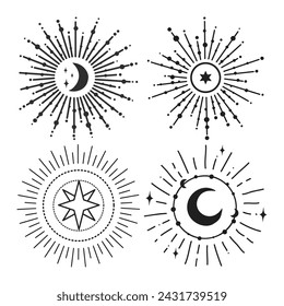 Sunburst vintage explosion. Handdrawn vector Design, magical Element. Fireworks collection. Bohemian sunrays linear icons and symbols for decoration