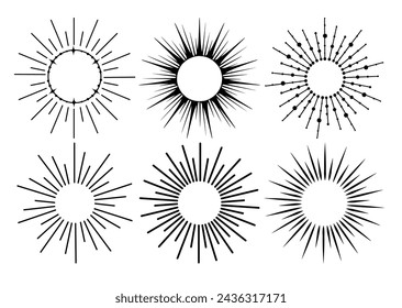 Sunburst vintage explosion. Handdrawn vector Design, magical Element. Fireworks collection. Bohemian sunrays linear icons and symbols for decoration