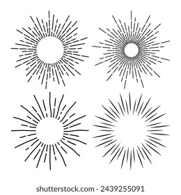 Explosion vintage de Sunburst. Création vectorielle dessinée à la main, Élément magique. Collection Fireworks. Rayons de soleil bohème icônes et symboles linéaires pour la décoration