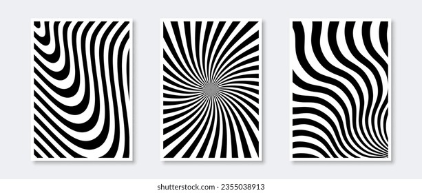 Sunburst and waves posters collection. Wavy sunbeams elements set. Black and white monochrome wave templates for cover, banner, invitation, flyer. Abstract art wallpaper pack. Vector