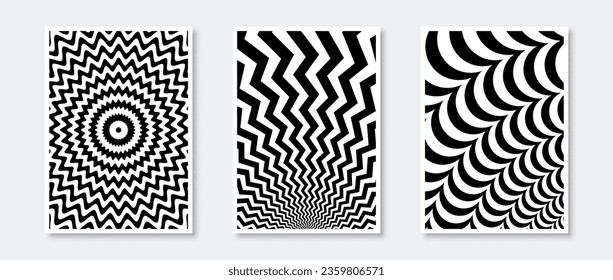 Sunburst and waves posters collection. Wavy sunbeams elements set. Black and white monochrome wave templates for cover, banner, invitation, flyer. Abstract art wallpaper pack. Vector Illustration