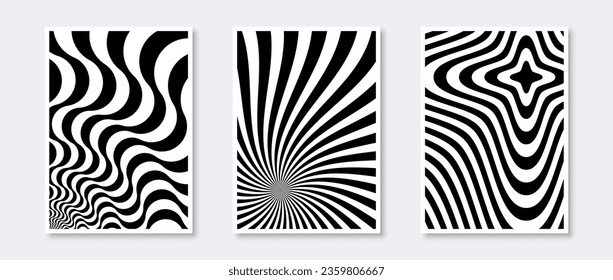 Sunburst and waves posters collection. Wavy sunbeams elements set. Black and white monochrome wave templates for cover, banner, invitation, flyer. Abstract art wallpaper pack. Vector Illustration