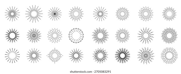 Estallidos de sol y colección de fronteras. Ilustración vectorial.