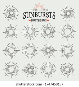 Sunbursts collection of trendy hand drawn retro rays. Sunset, sunrise and radial fireworks symbol. Design elements. Vintage sunbursts in black color