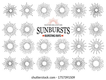 Sunbursts collection of trendy hand drawn retro rays. Sunset, sunrise and radial fireworks symbol. Design elements. Vintage sunbursts in black color