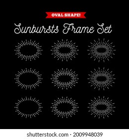 Sunbursts frame set. Oval shape. Vector illustration on black