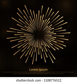 Sunbursts on dark background.Design elements.Tribal boho gold sunburst frame with place for your text. Starburst hipster logo, line art vector illustration of fireworks.