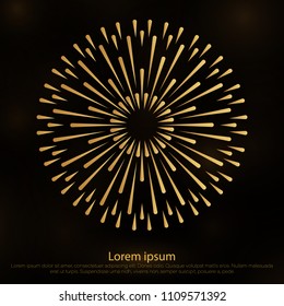 Sunbursts on dark background.Design elements.Tribal boho gold sunburst frame with place for your text. Starburst hipster logo, line art vector illustration of fireworks.