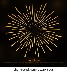 Sunbursts on dark background.Design elements.Tribal boho gold sunburst frame with place for your text. Starburst hipster logo, line art vector illustration of fireworks.