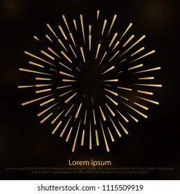 Sunbursts on dark background.Design elements.Tribal boho gold sunburst frame with place for your text. Starburst hipster logo, line art vector illustration of fireworks.