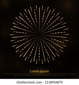 Sunbursts on dark background.Design elements.Tribal boho gold sunburst frame with place for your text. Starburst hipster logo, line art vector illustration of fireworks.