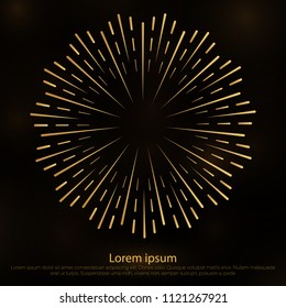 Sunbursts on dark background.Design elements.Tribal boho gold sunburst frame with place for your text. Starburst hipster logo, line art vector illustration of fireworks.