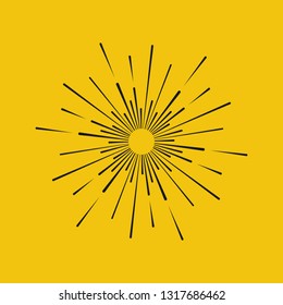 Sunbursts on yellow background.Design elements.Tribal boho gold sunburst fram. Starburst hipster logo, line art vector illustration of fireworks. 