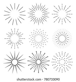 Sunbursts set vector. Sunbursts ink hand drawn sunshine shapes. Sunbursts collections.