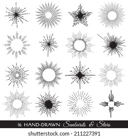 Sunbursts and Stars - hand-drawn illustration in vector